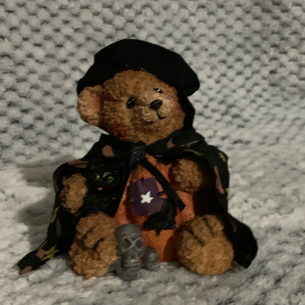 Halloween Teddy Bear Figurine with Black and Orange Cape